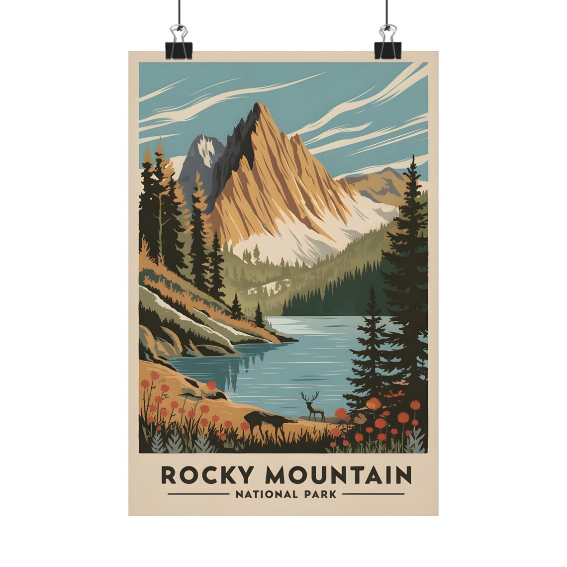 Rocky Mountain National Park Vintage Poster Alpine Lake Elk Wildlife Scene
