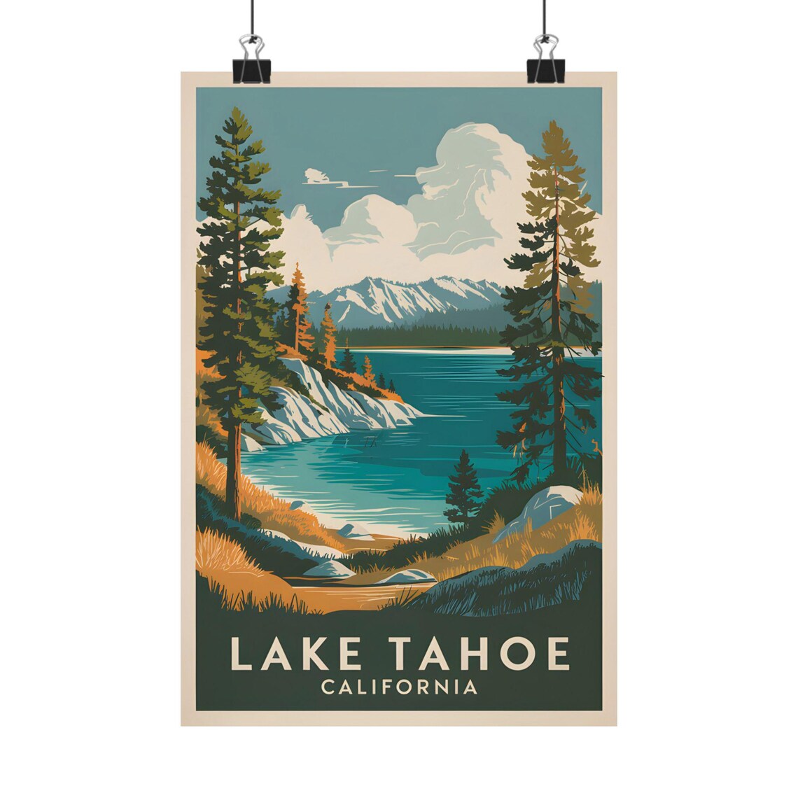 Lake Tahoe Vintage Poster, Mountain Scenic Art Print
