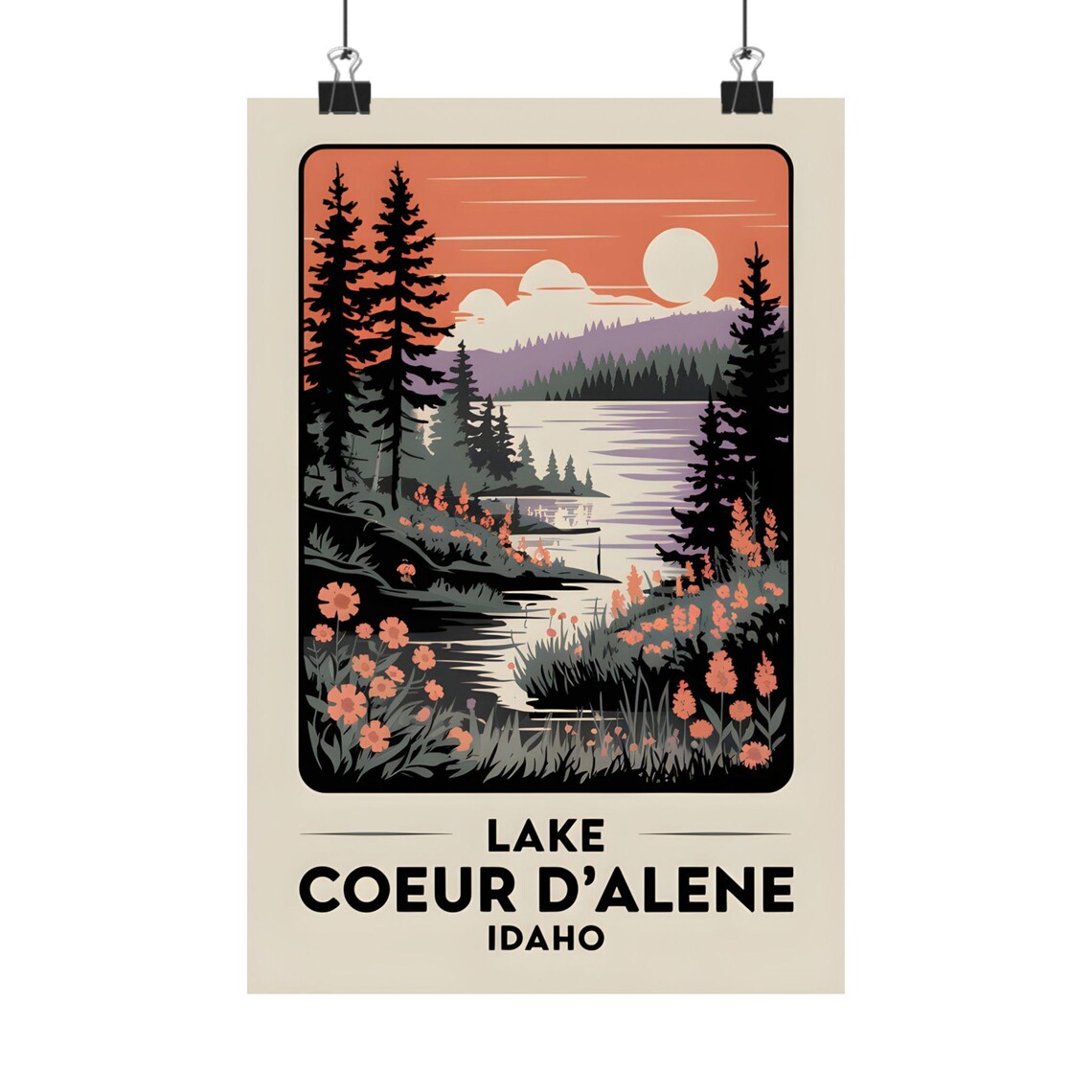 Lake Coeur d'Alene Idaho Sunset Pine Shores Vintage Travel Poster