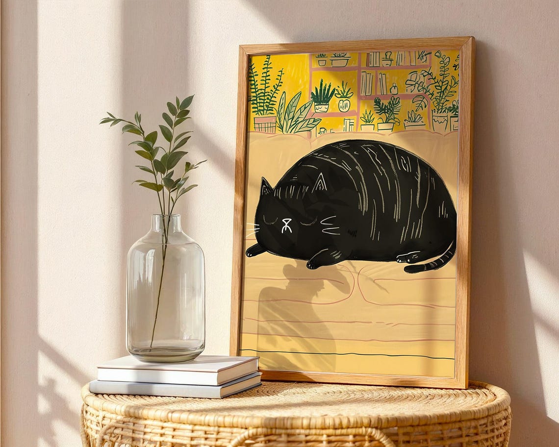 Sleeping Chubby Black Cat Cozy Nap Illustration Cute Cat Poster