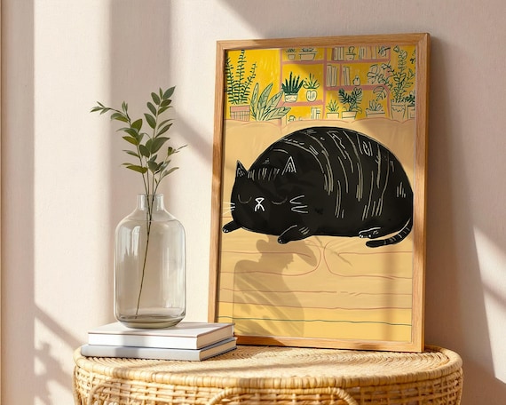 Lazy Cat Laying On The Couch Poster Retro Wall Art Funny Animal Print Funky Themed Gifts