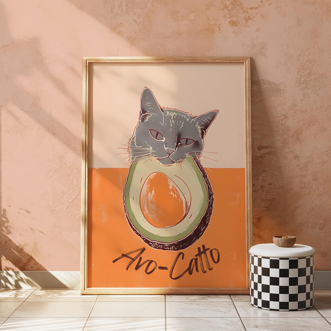Avo Catto Funny Grey Cat Avocado Half Food Pun Kitchen Poster