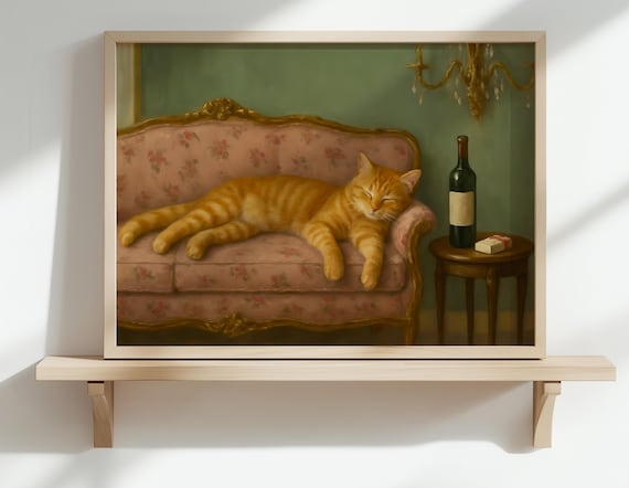 Sleepy Orange Tabby Cat Lounging on Floral Chaise Lounge Oil Poster
