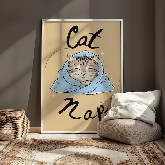 Cat Nap Cozy Sleeping Tabby Cat Blanket Bedroom Decor Poster