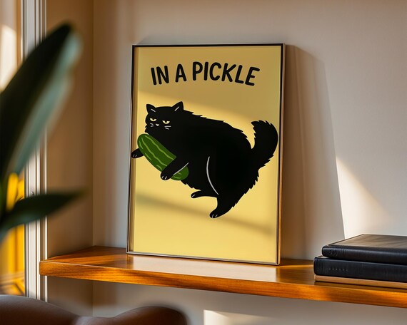 In A Pickle Print Kitchen Poster Funny Cat Wall Art Decor Gherkins Quirky Black Pickles And Cats