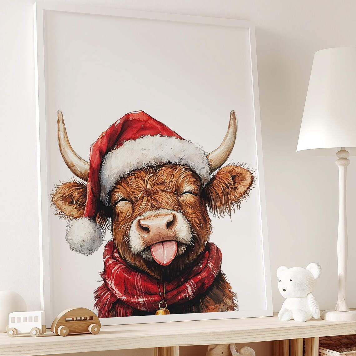 Highland Cow Christmas Santa Hat Tongue Out Funny Scottish Cow Poster