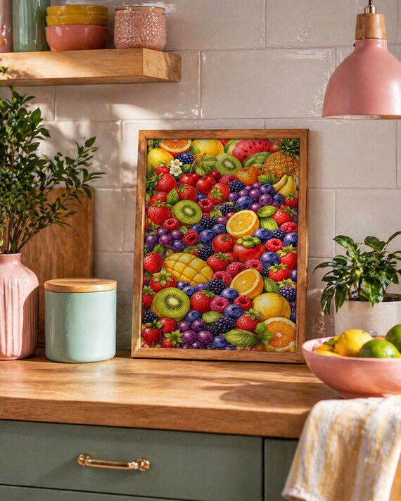 Colorful Fruit Collage Strawberry Kiwi Citrus Kitchen Botanical Poster