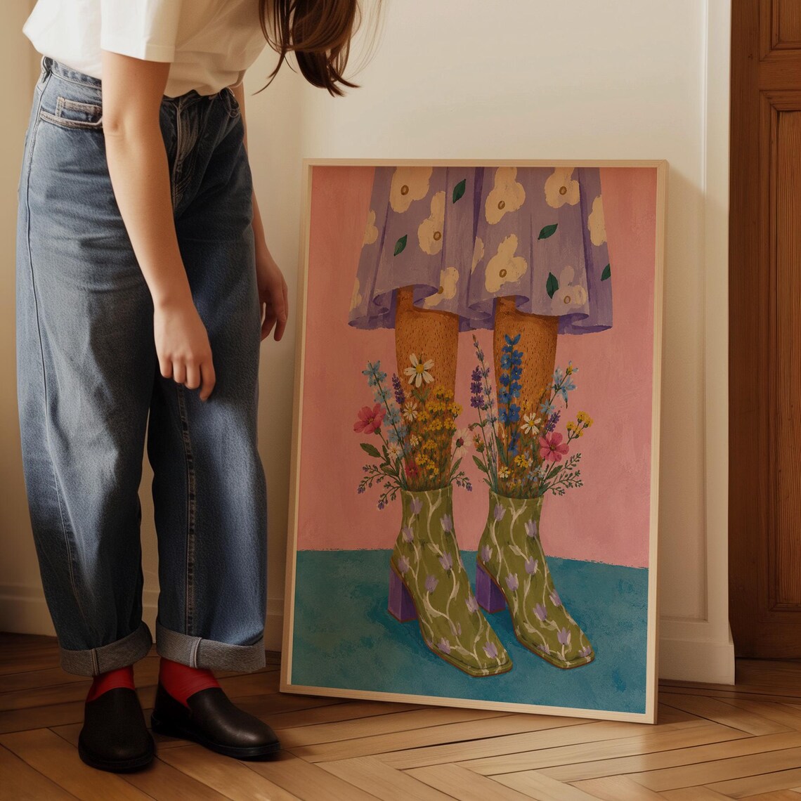 Floral Boots Sprouting Wildflowers Quirky Pink Fashion Illustration Poster