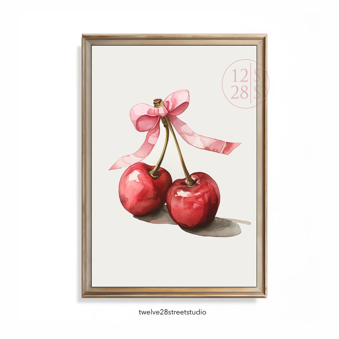 Watercolor Red Cherries Pink Ribbon Bow Preppy Kitchen Decor Poster