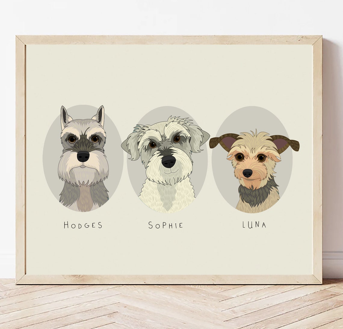 Personalized Three Pet Portrait in Oval Frames Custom Dog Cat Poster - Image 4