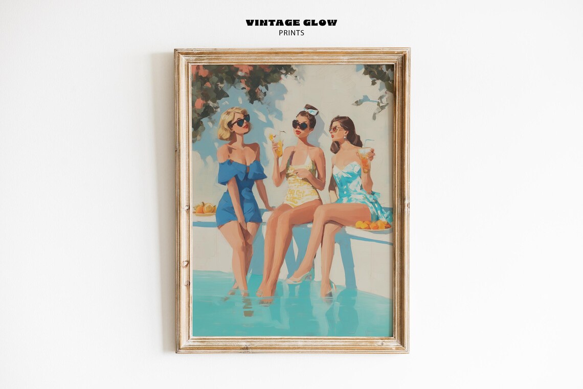 Retro Poolside Girls Summer Cocktails Vintage Swim Party Art Poster