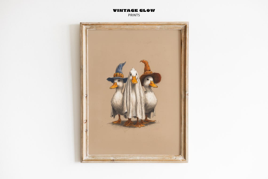 Vintage Halloween Geese Wall Art Witch And Pumpkin Sketch Rustic Farmhouse Fall Decor Nursery V499