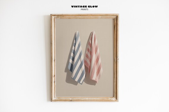Striped Beach Towels Minimalist Coastal Blue Pink Bath Decor Poster