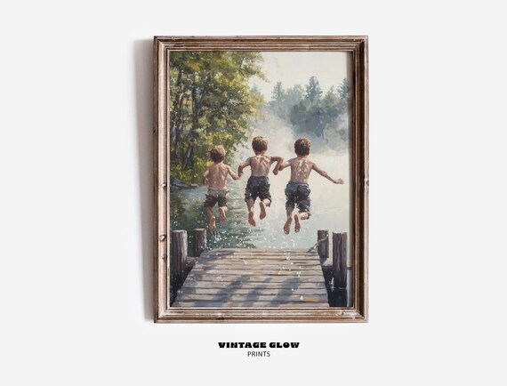 Boys Jumping In Lake Vintage Summer Art Print
