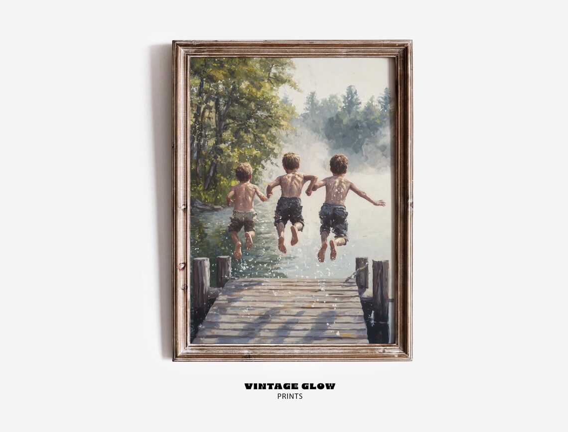 Boys Jumping In Lake Vintage Summer Art Print