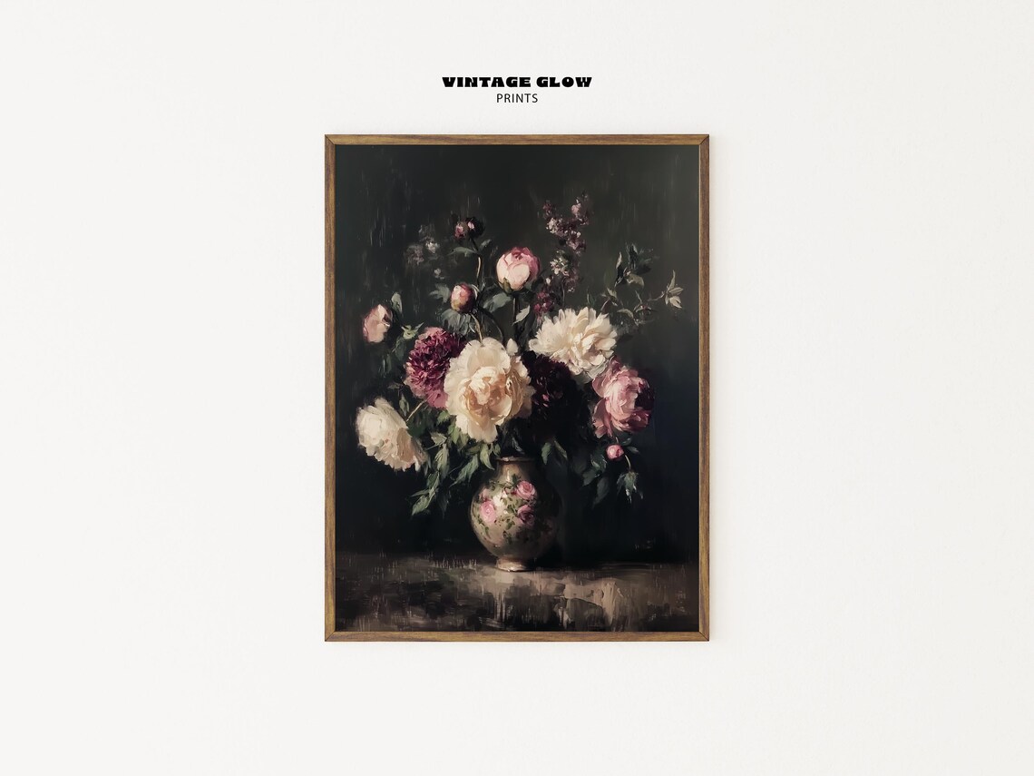 Dark Moody Peony Bouquet Floral Still Life Victorian Vase Poster