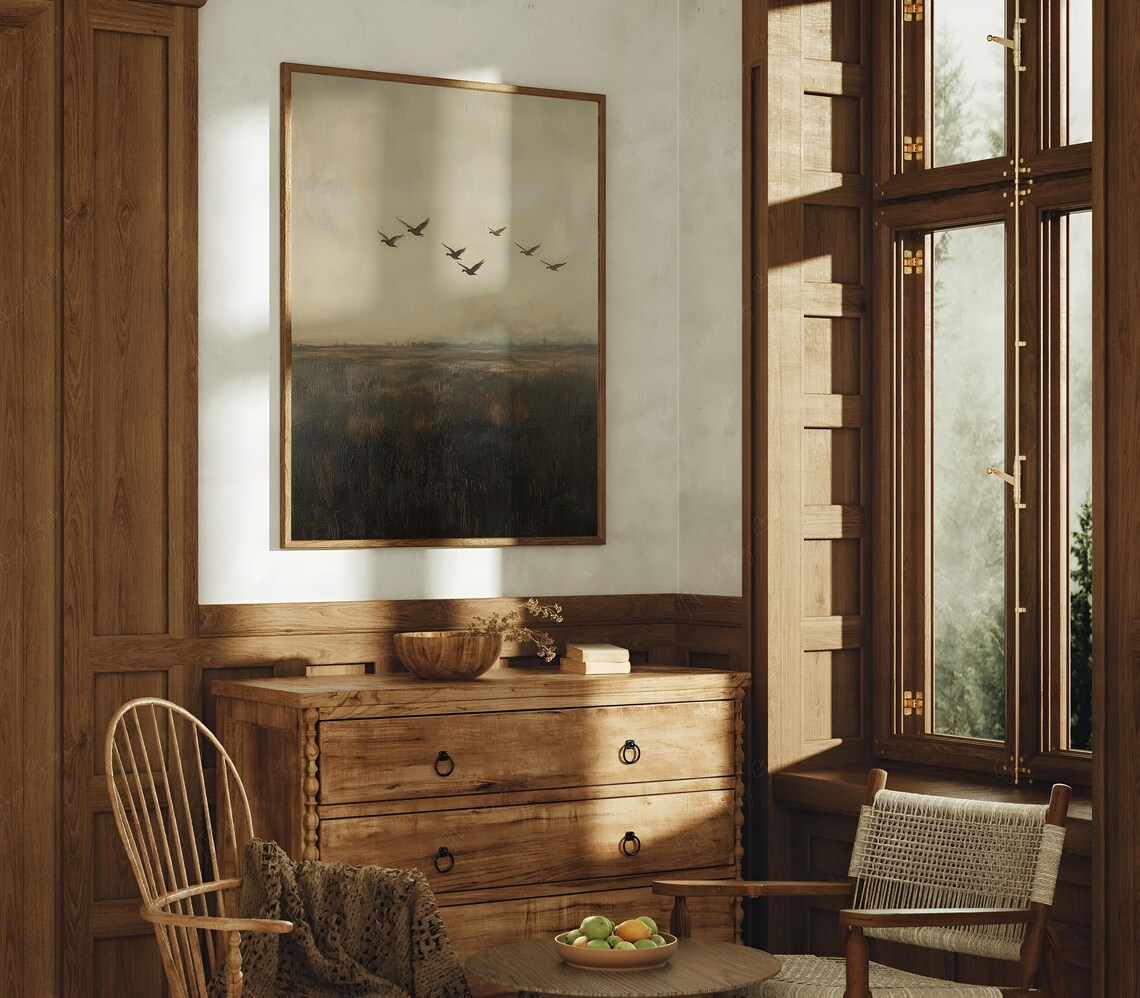 Flying Ducks Vintage Countryside Landscape Art Print
