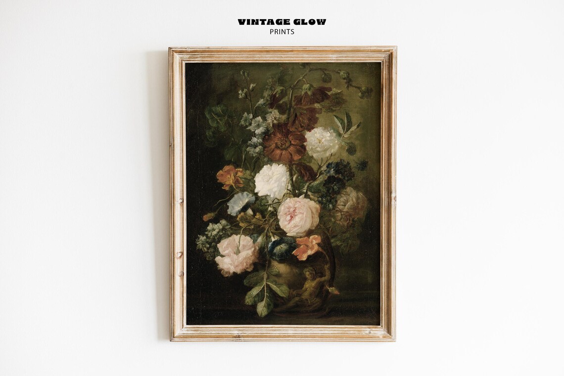 Moody Floral Art Print, Vintage Dark Flower Painting
