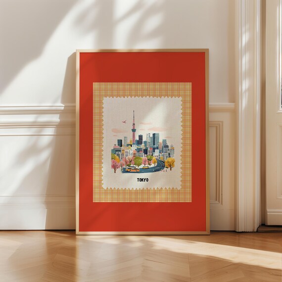 Tokyo Japan City Tower Stamp Style Red Mat Travel Art Poster