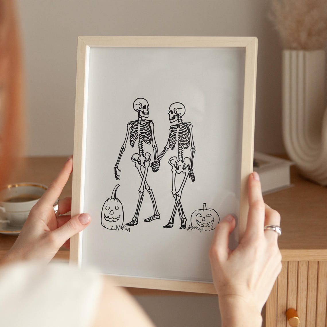 Skeleton Couple Holding Hands Spooky Halloween Line Art Poster - Image 5