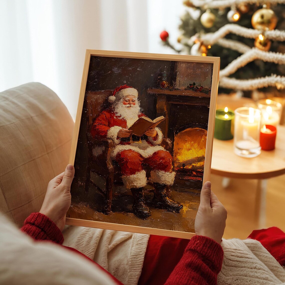 Santa Claus Reading by Fireplace Vintage Oil Painting Style Poster - Image 5