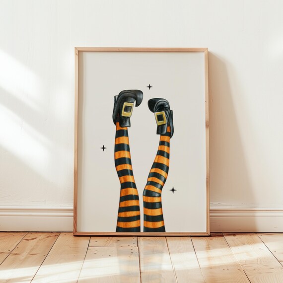 Witch Legs Upside Down Striped Stockings Halloween Art Poster