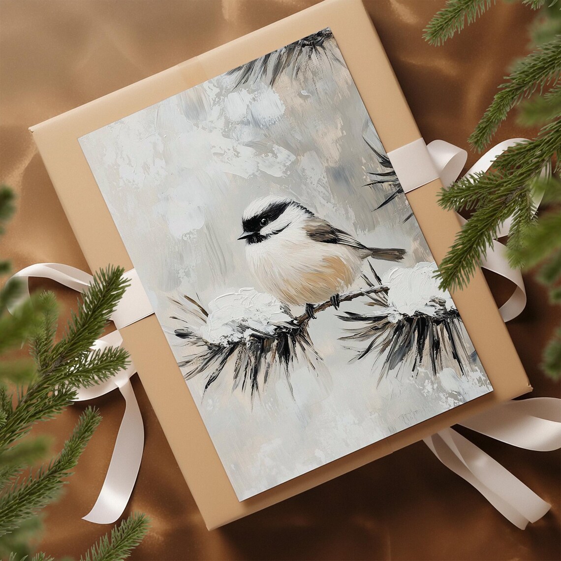 Chickadee on Snowy Pine Branch Vintage Style Christmas Bird Poster - Image 4