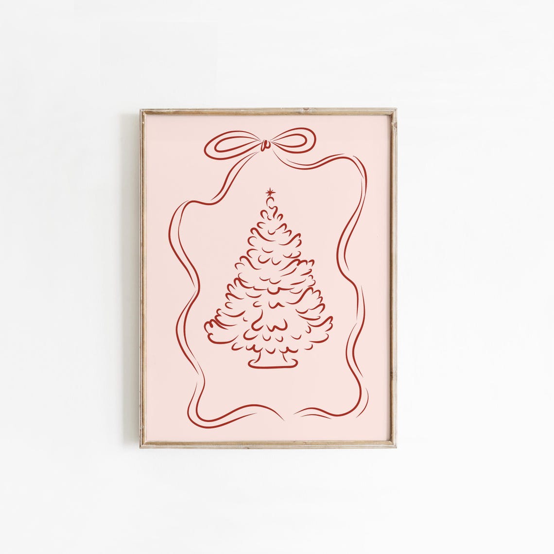 Line Art Christmas Tree with Ribbon Border Coquette Style Poster - Image 5