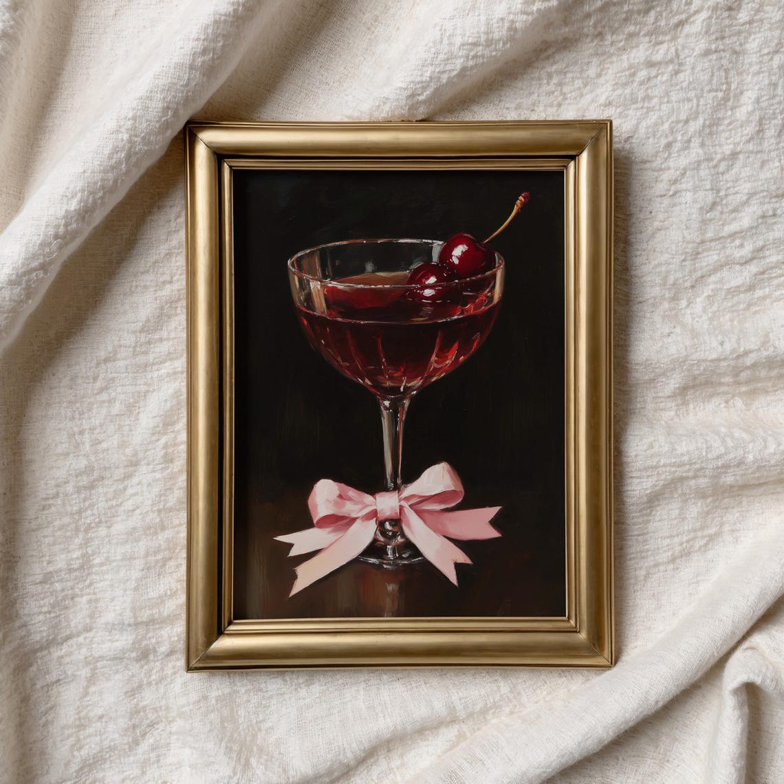 Manhattan Cocktail Cherries Pink Bow Dark Moody Bar Art Poster - Image 4