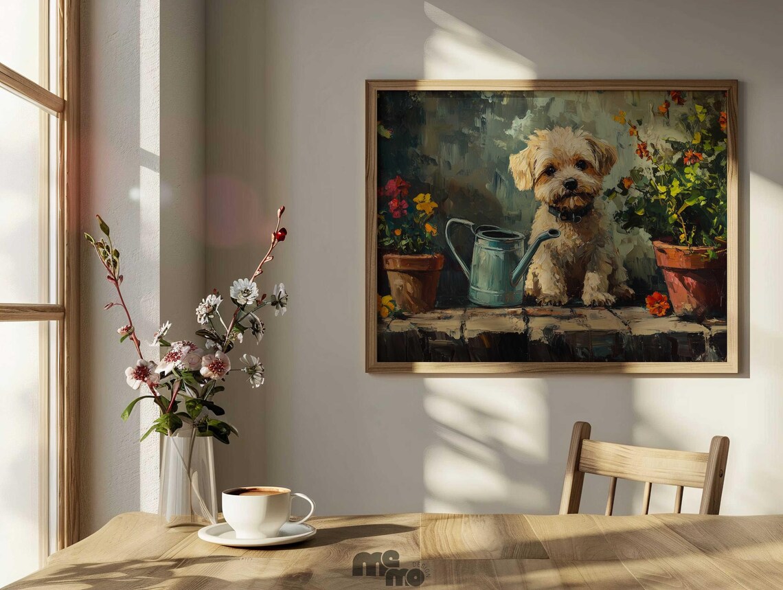 Adorable Yorkie Terrier, Floral Garden Oil Painting - Image 6