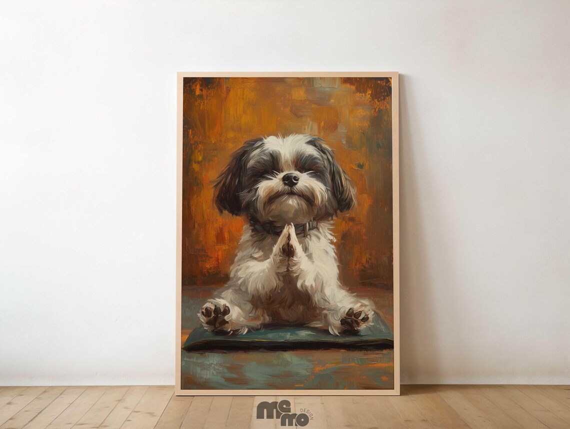 Meditating Shih Tzu Yoga Pose Funny Dog Portrait Oil Art Poster