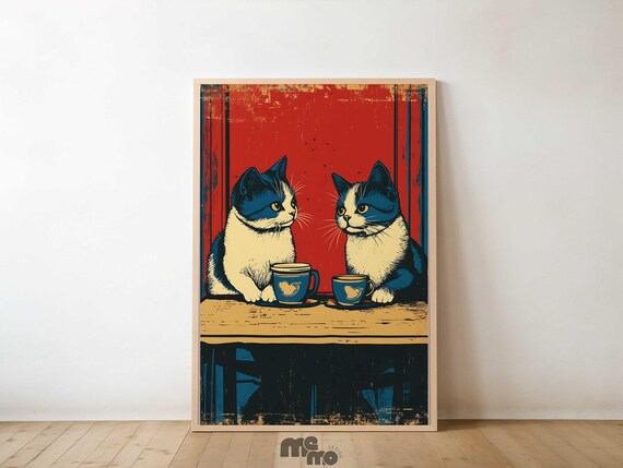 Funny Cat Art, Vintage Cats On Date In Coffee Shop