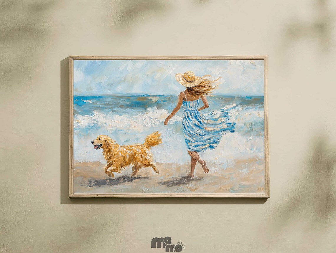 Golden Retriever Beach Art Print, Coastal Pet Scene