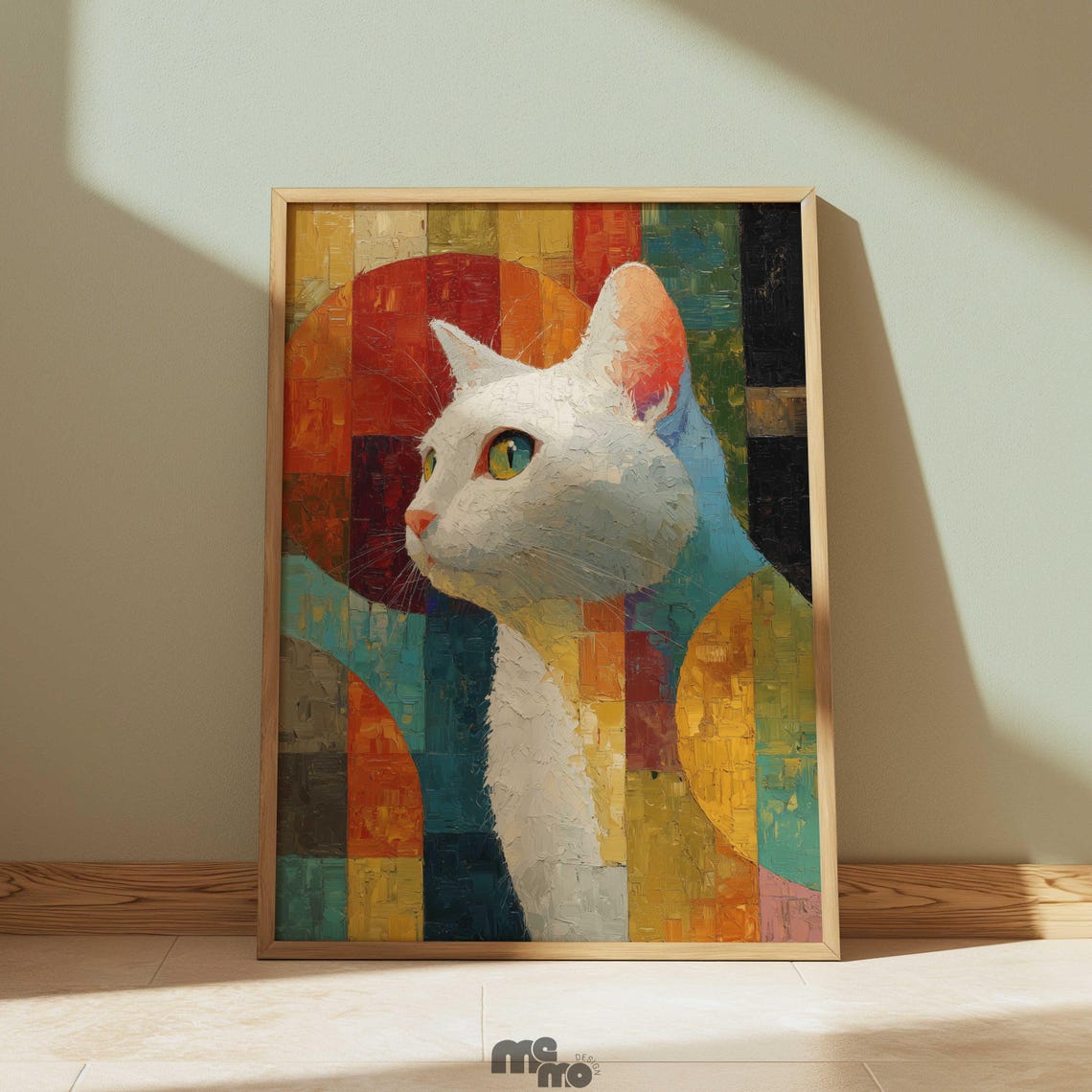 White Cat Portrait on Colorful Abstract Cubist Background Art Poster