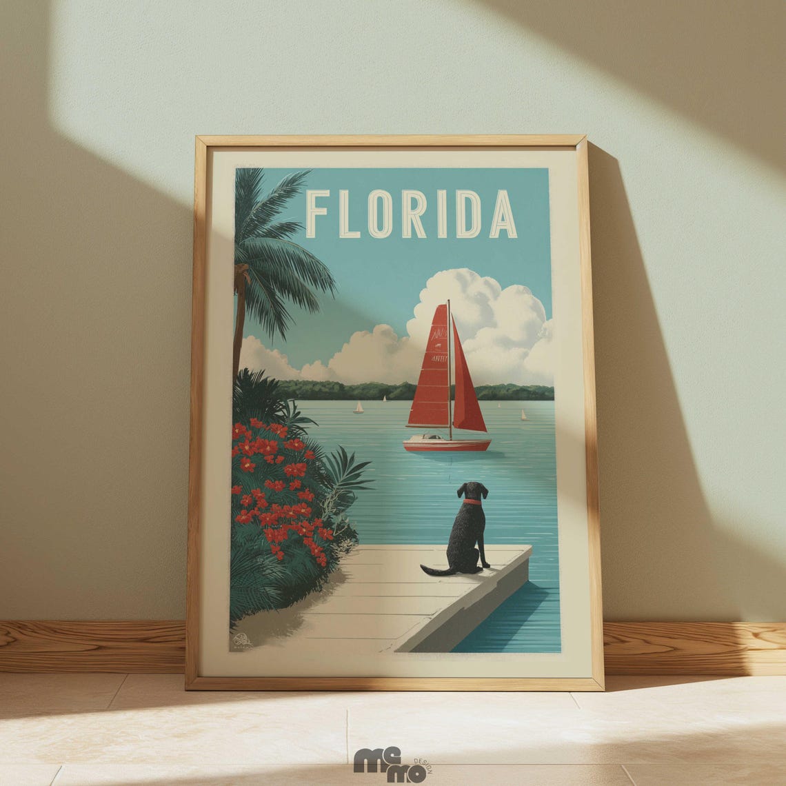 Florida Retro Travel Poster Dog On Dock Red Sailboat Coastal Art