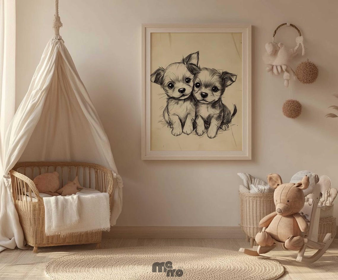 Twin Puppies Sketch, Boho Nursery Pet Decor - Image 2