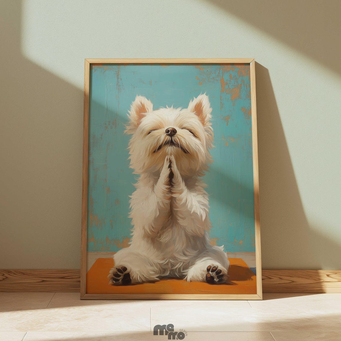 Funny Fluffy White Puppy Meditating in a Calm Yoga Pose Wall Art