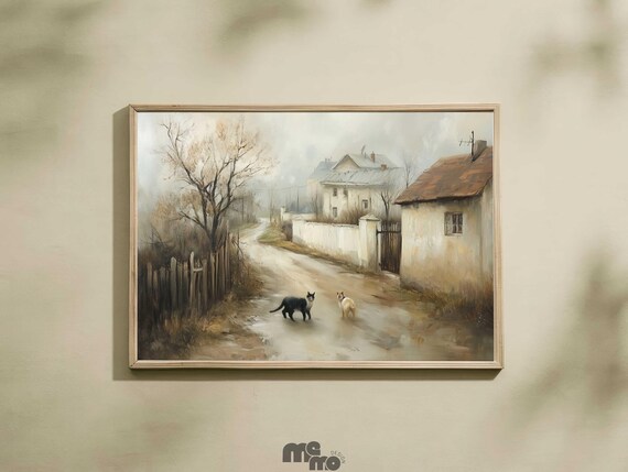 Rustic Village Cats Poster Misty Lane Countryside Animal Art