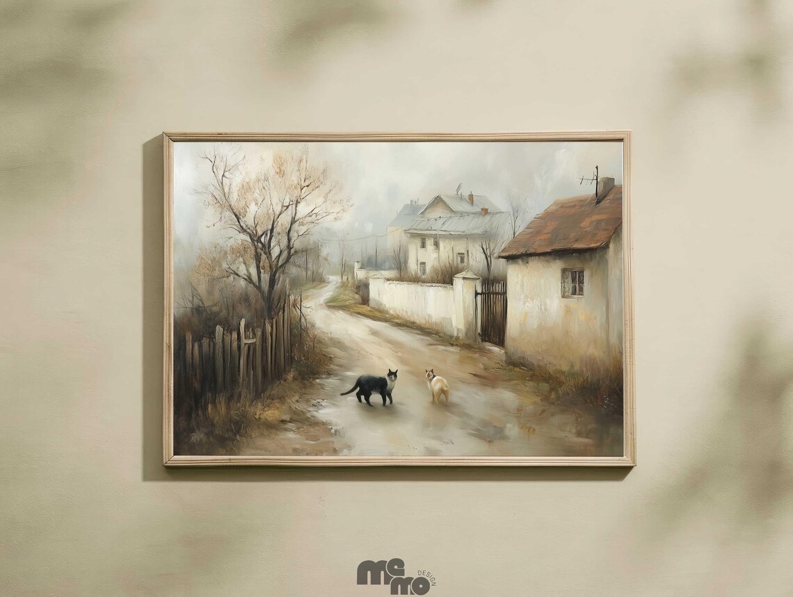 Rustic Village Cats Poster Misty Lane Countryside Animal Art