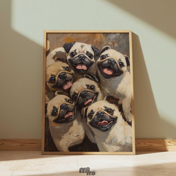 Happy Pugs Wall Art Print Funny Group Pet Portrait Painting Playful Pug Puppy Oil Style Decor Gift For Dog Lover Home