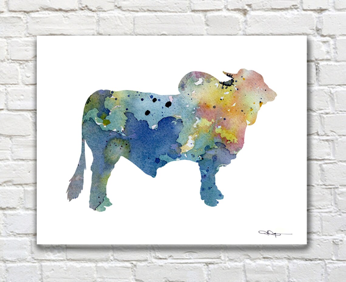 Blue and Yellow Watercolor Brahma Bull Zebu Farm Animal Art Print