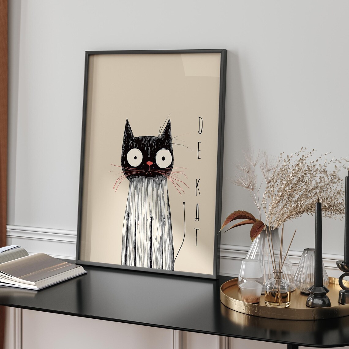 Quirky DE KAT Cat Sketch Poster Funny Long Black Cat Illustration