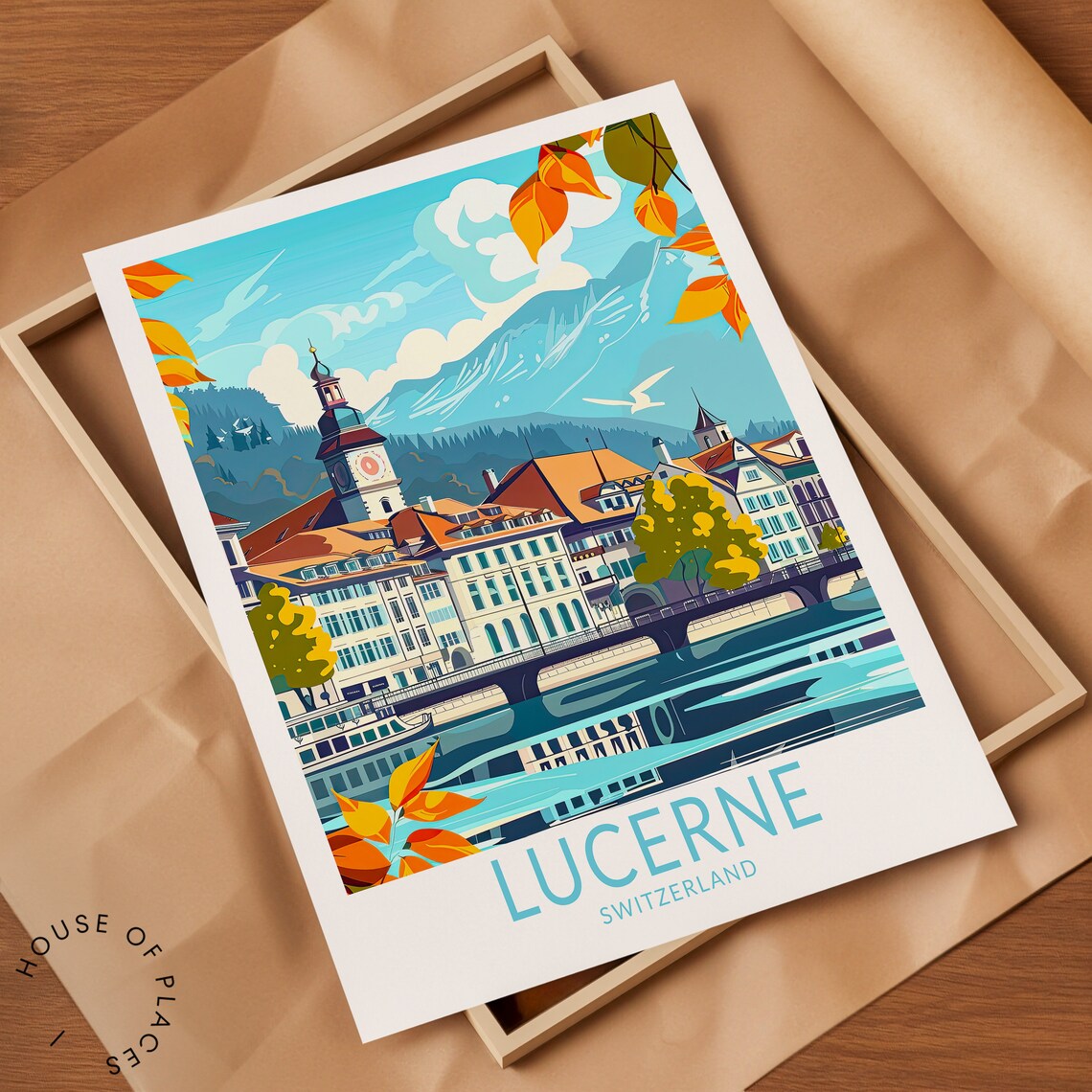 Lucerne Switzerland Autumn Old Town Riverside Travel Art Poster - Image 2