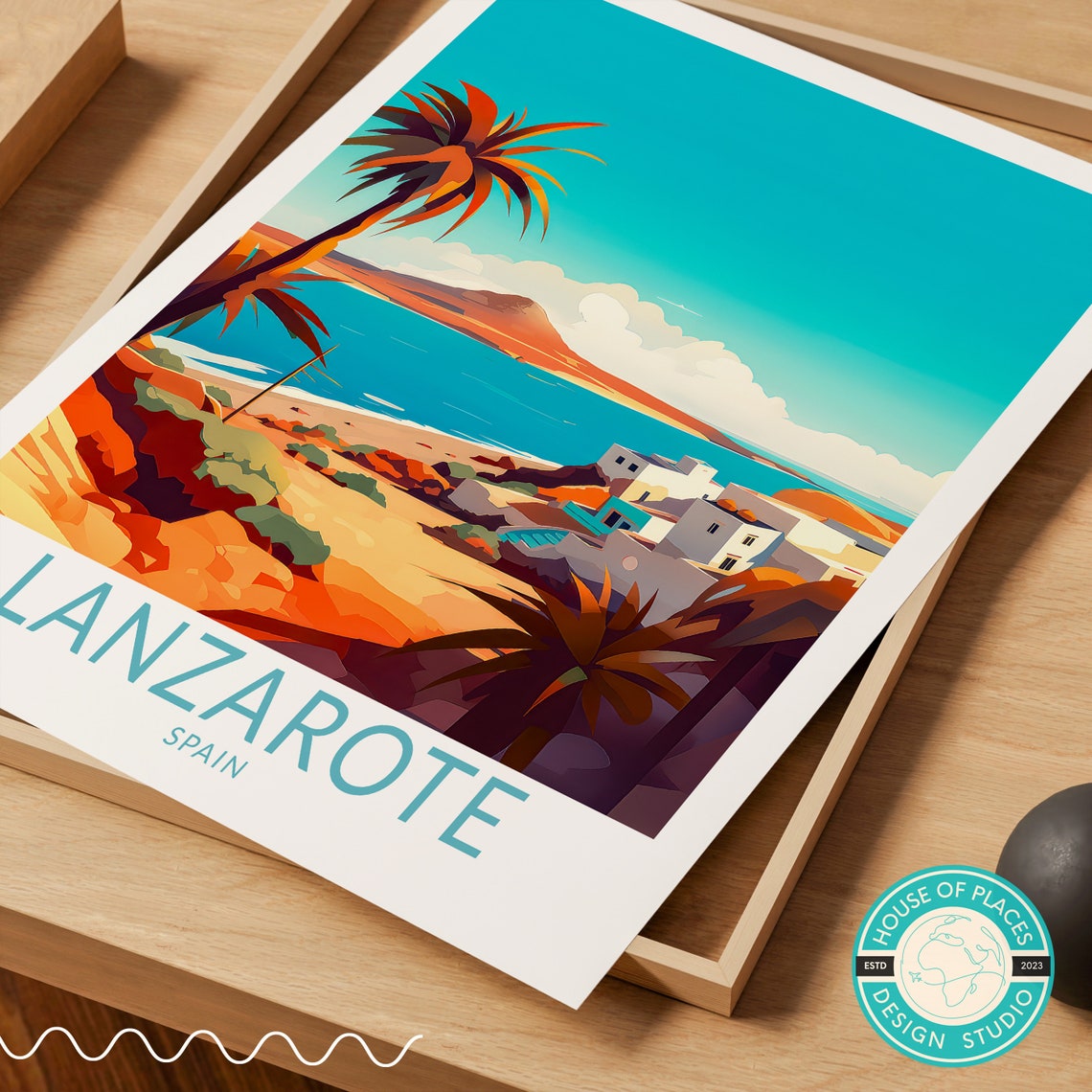 Lanzarote Spain White Village Coast Travel Poster with Volcanic Hills - Image 2