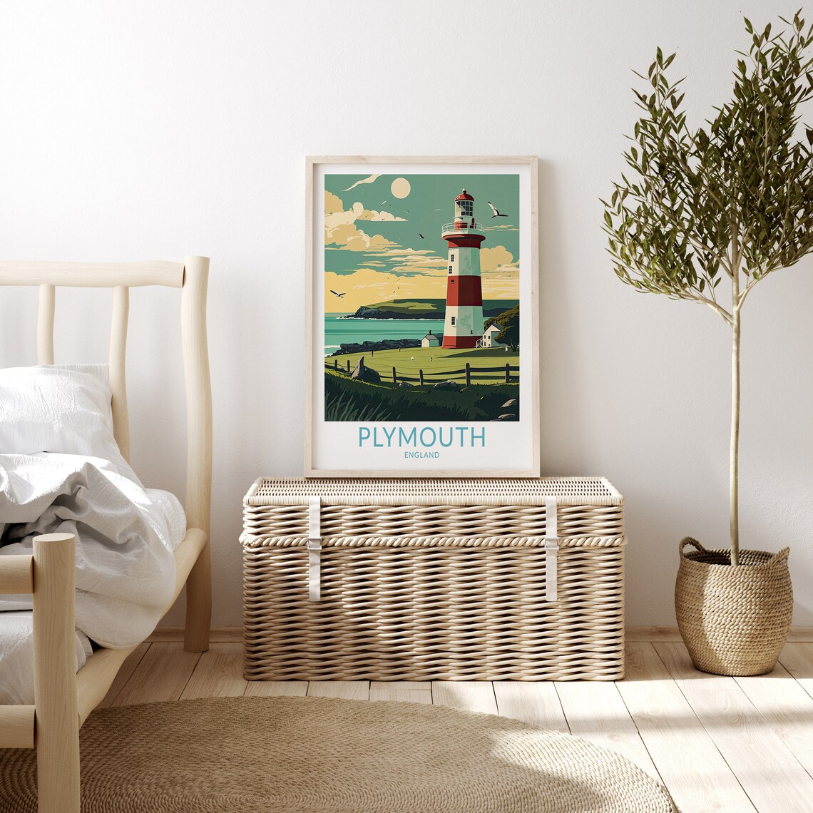 Plymouth England Striped Lighthouse Vintage Coastal Travel Poster - Image 3
