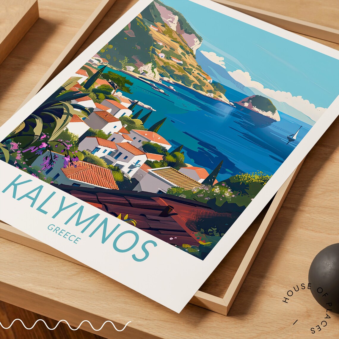 Kalymnos Greece White Village Aegean Blue Coast Travel Poster - Image 3