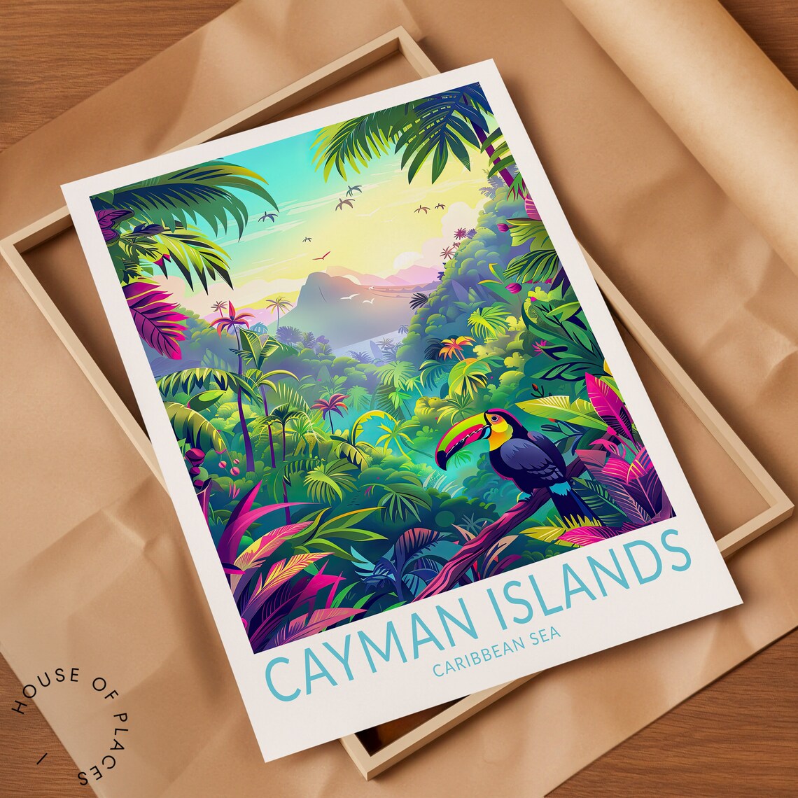 Cayman Islands Tropical Toucan Jungle Sunset Caribbean Sea Travel Poster - Image 2