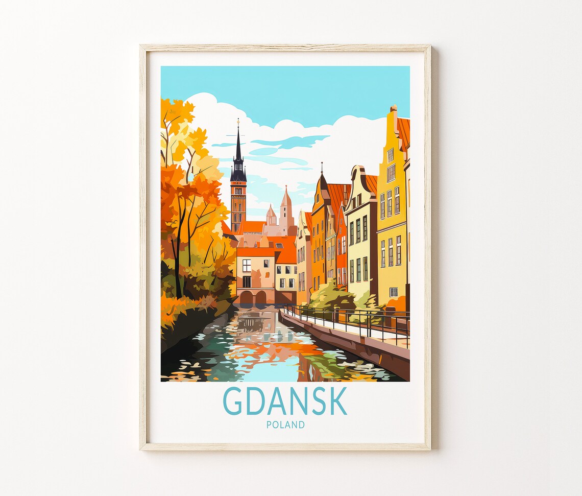 Gdansk Poland Old Town Canal Autumn Retro Style Travel Poster