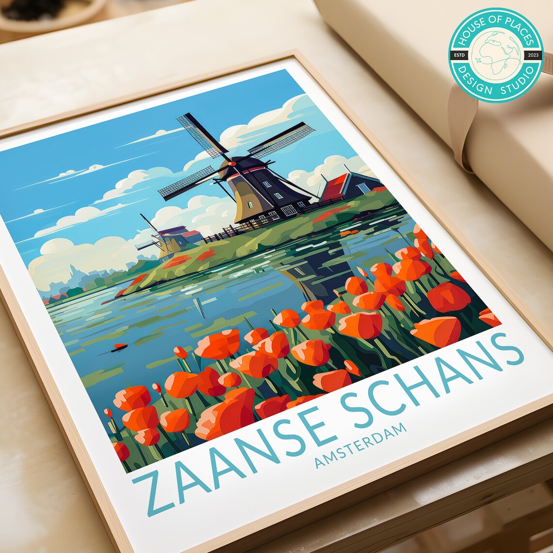 Zaanse Schans Amsterdam Windmill Tulip Travel Poster Vintage Art - Image 2