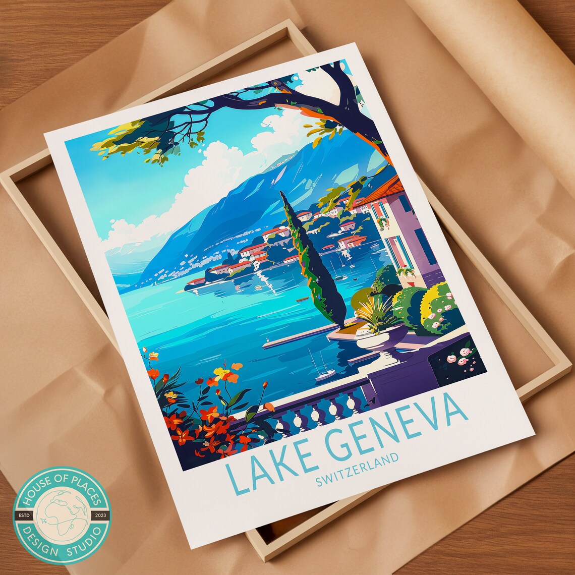 Lake Geneva Switzerland Lakeside Villa Mountains Travel Poster - Image 2